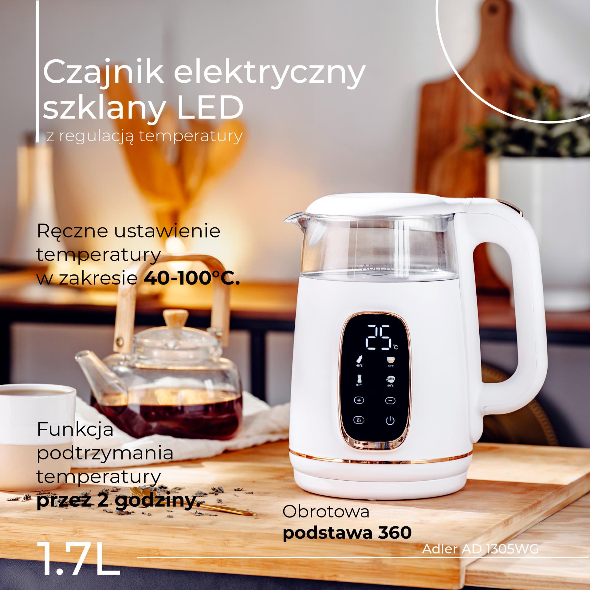 Czajnik szklany LED z regulacją temperatury Adler AD 1305 - widok ogólny