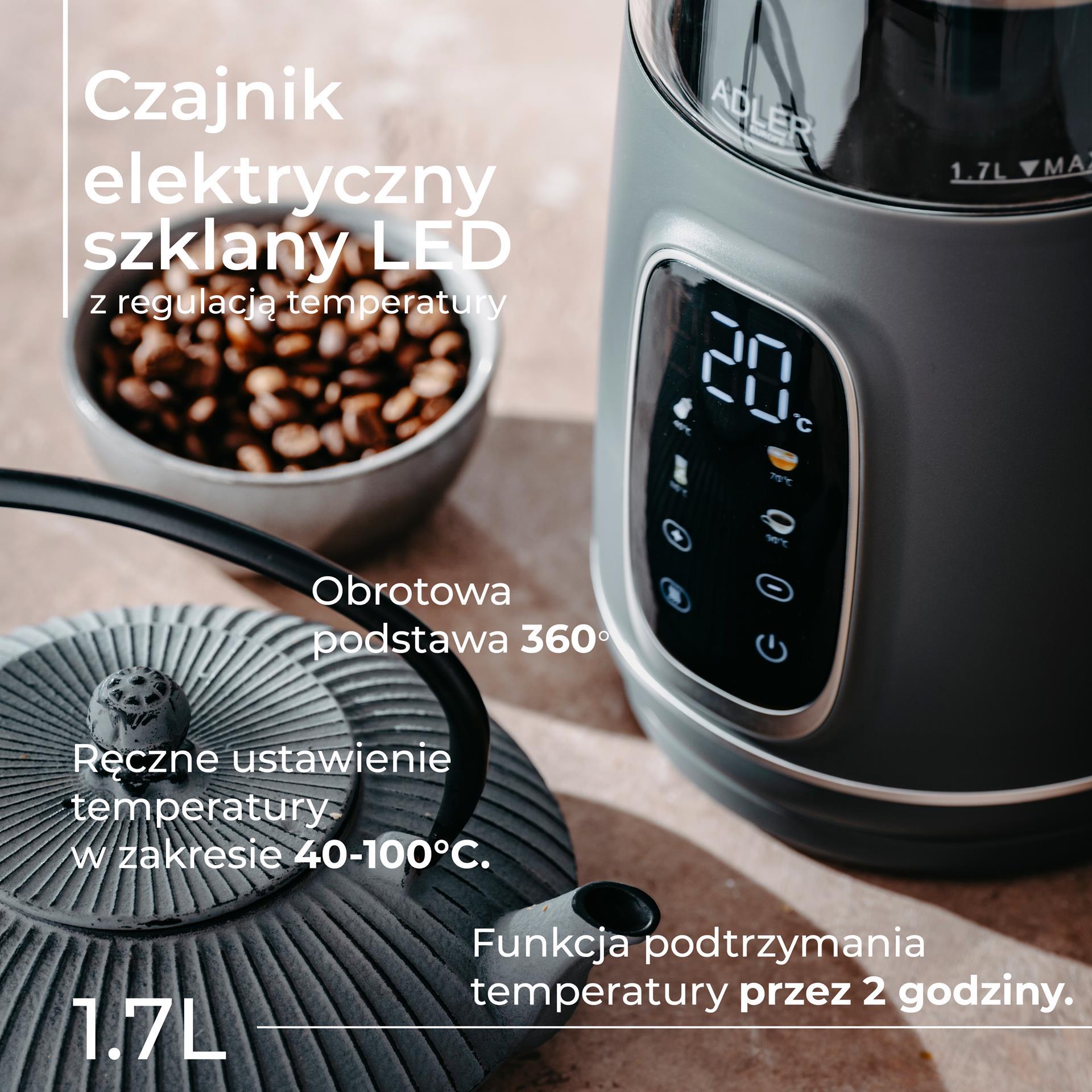 Czajnik szklany LED z regulacją temperatury Adler AD 1305 - widok ogólny
