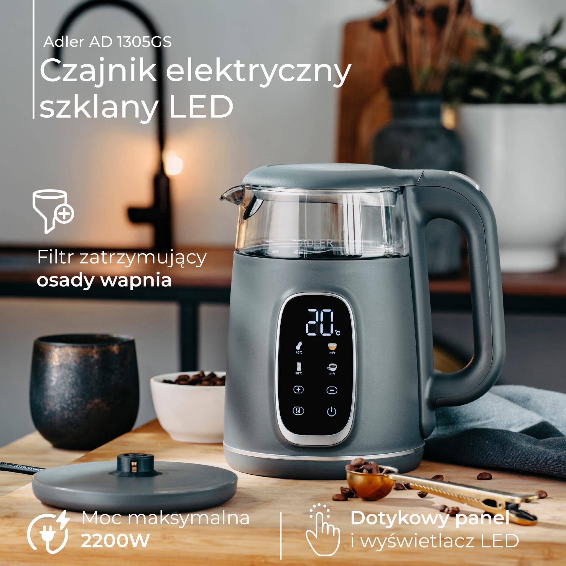 Czajnik szklany LED z regulacją temperatury Adler AD 1305 - funkcje i detale