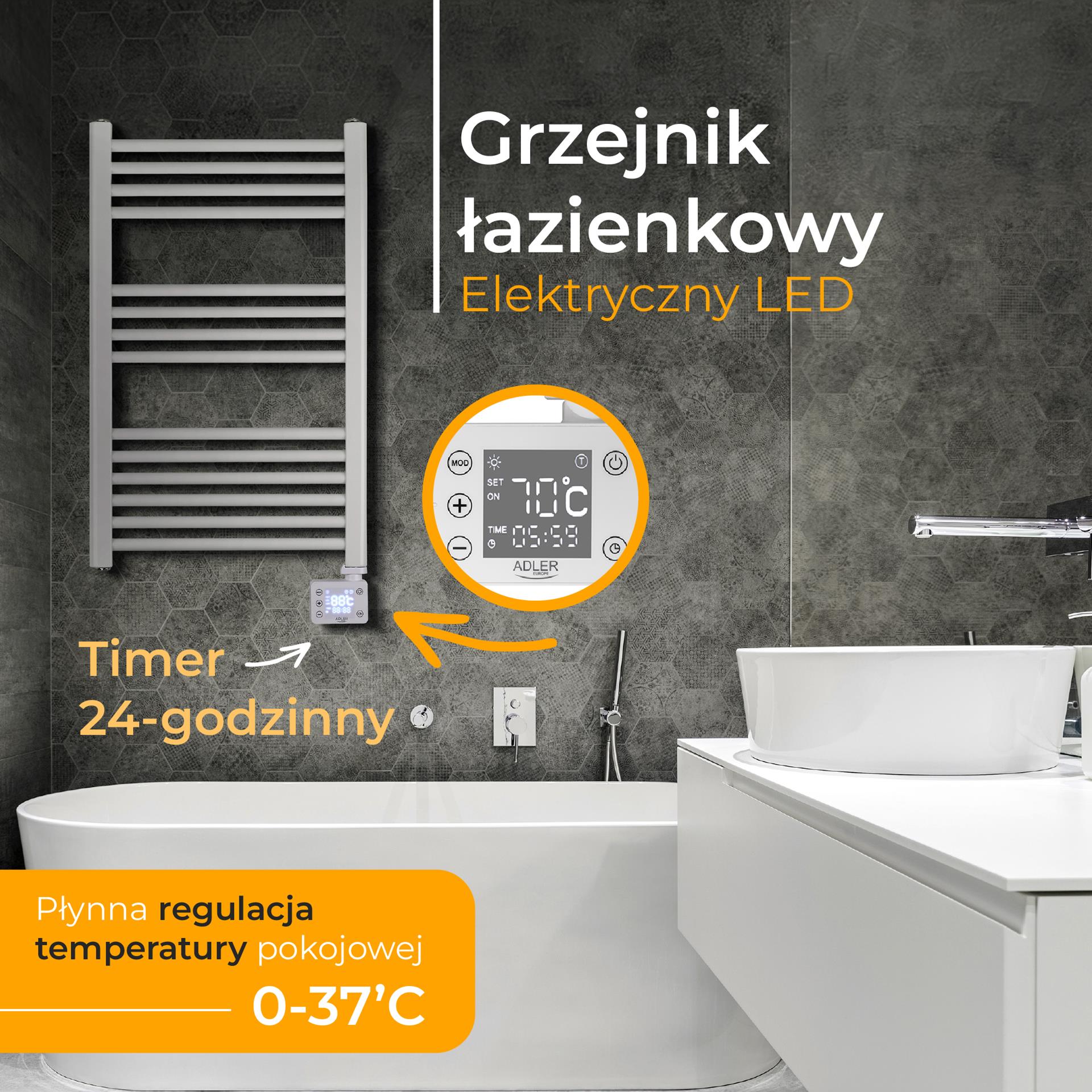 Elektryczny grzejnik łazienkowy LED z dotykowym panelem - widok ogólny