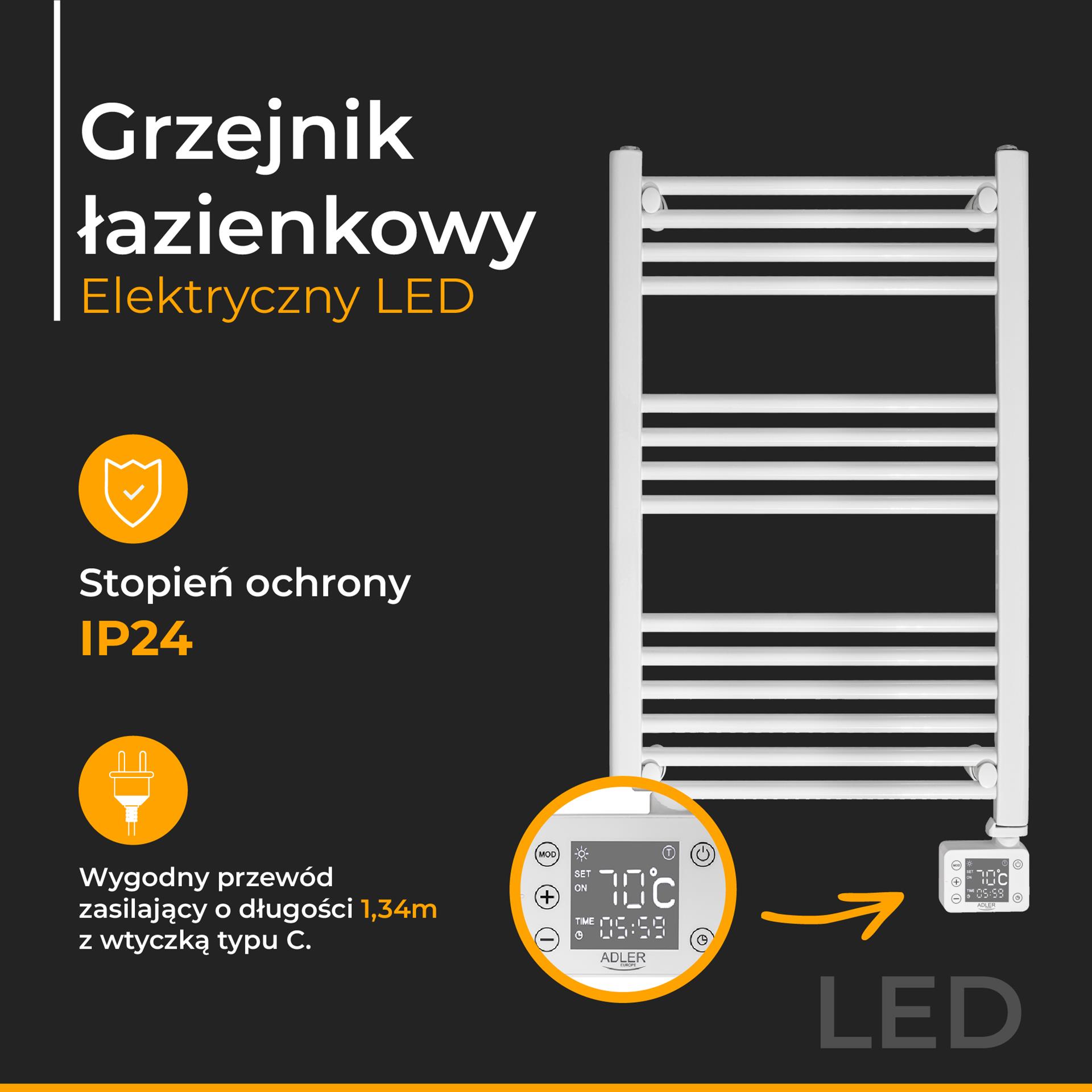 Elektryczny grzejnik łazienkowy LED - tryby grzania i panel