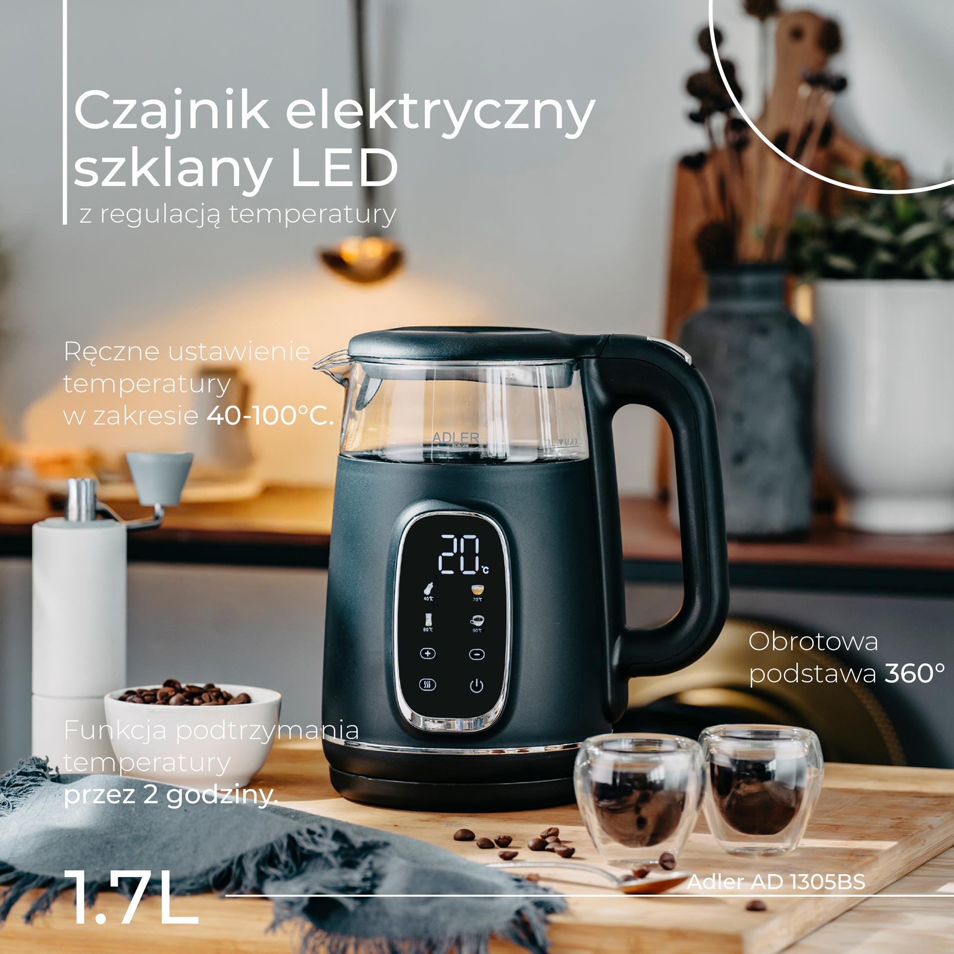 Czajnik szklany z zaparzaczem i regulacją temperatury Adler AD 1305 - widok ogólny
