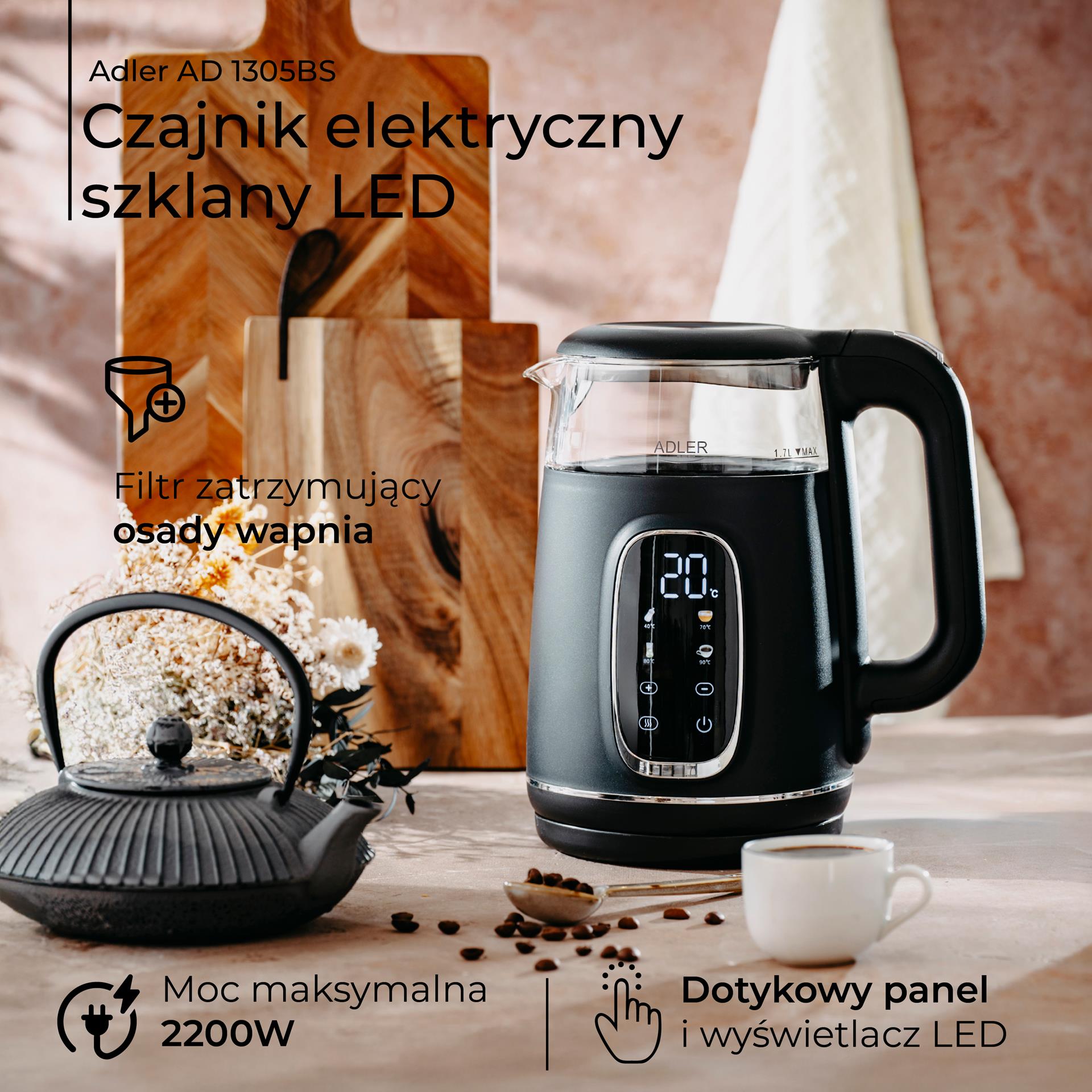 Czajnik szklany z zaparzaczem i regulacją temperatury Adler AD 1305 - detale i funkcje
