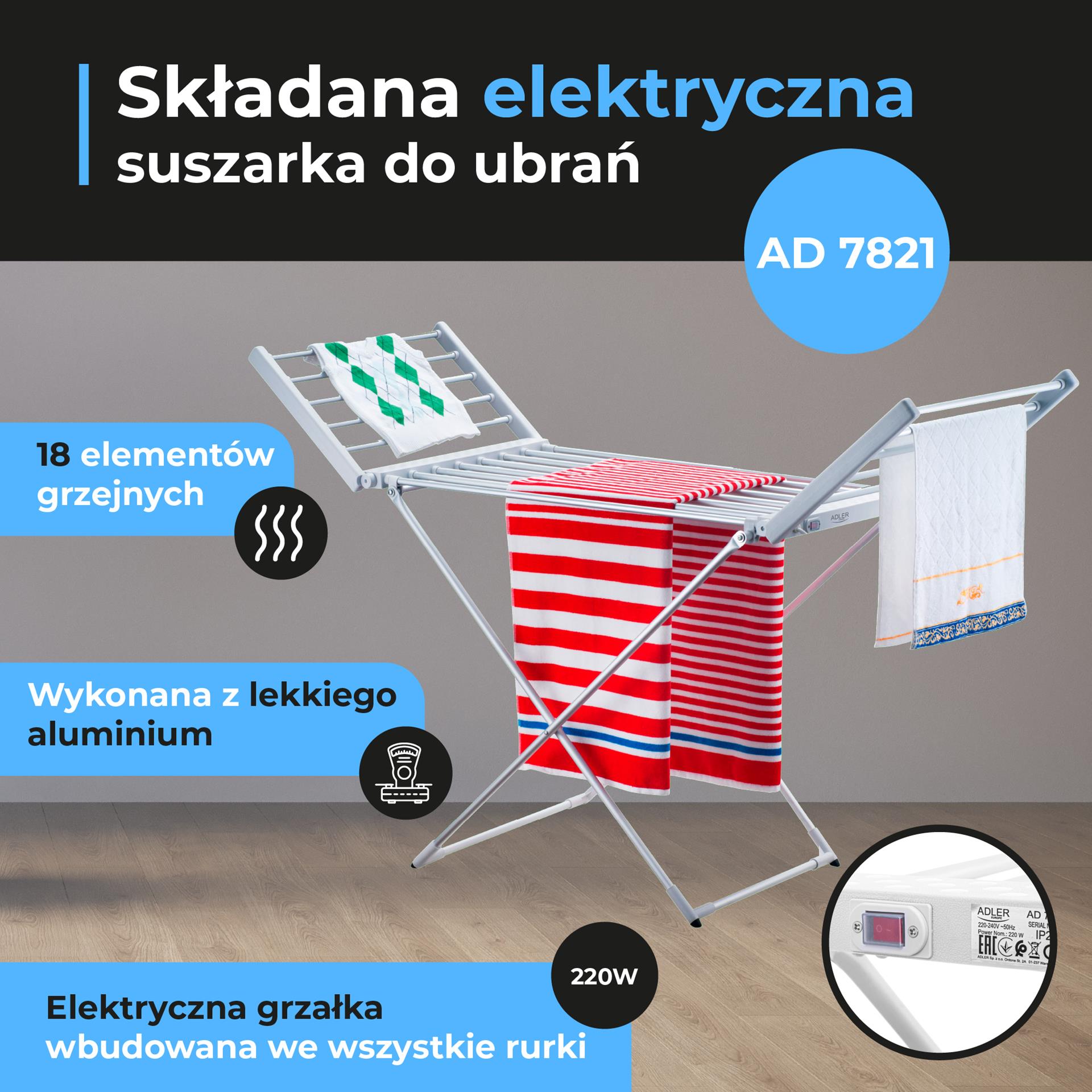 Składana elektryczna suszarka do ubrań Adler AD 7821
