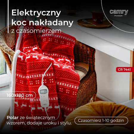 Koc elektryczny grzewczy 160x180 cm, 10 poziomów grzania, świąteczny wzór Camry CR 7441