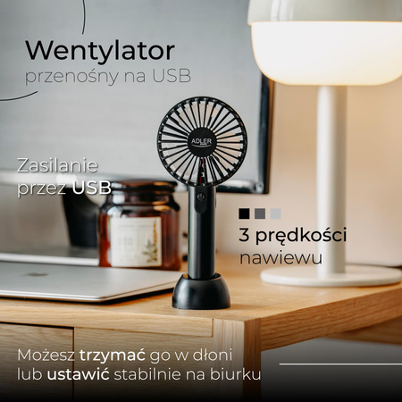Mini wentylator USB, 3 prędkości, cicha praca, podróżny, biurkowy – Adler AD 7338