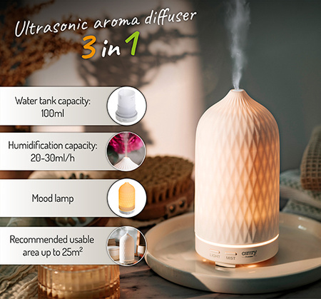 Nawilżacz powietrza ultradźwiękowy, dyfuzor zapachowy, aromaterapia, 100ml, 2 tryby Camry CR 7970