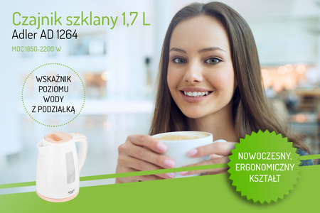Czajnik elektryczny 1.7L, 2200W, płaska grzałka, filtr antywapienny Adler AD 1264