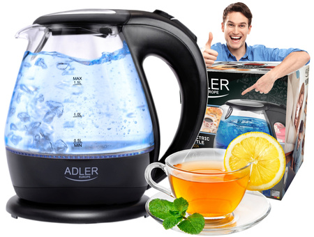 Czajnik elektryczny szklany 1,5L, 2200W, obrotowa podstawa, filtr – Adler AD 1224
