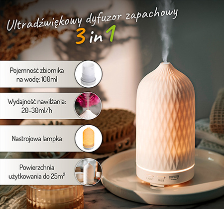 Nawilżacz powietrza ultradźwiękowy, dyfuzor zapachowy, aromaterapia, 100ml, 2 tryby Camry CR 7970