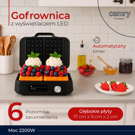 Gofrownica 2200W Timer Wyświetlacz LED 6 poziomów zarumienienia Głębokie płyty CAMRY CR 3086