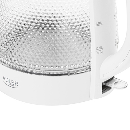Szklany czajnik elektryczny LED 1,8L z płaską grzałką i filtrem – Adler AD 1306