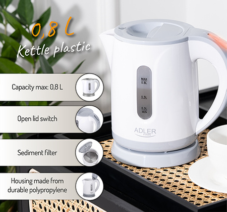 Czajnik elektryczny plastikowy, 0,8L, 850W, filtr, blokada, Adler AD 1371g