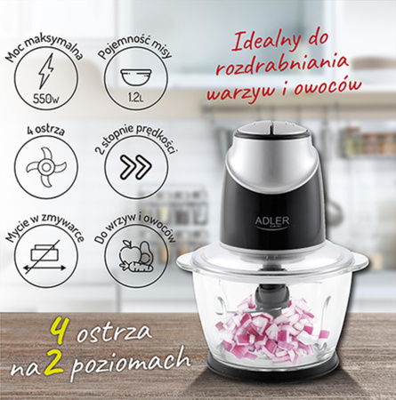 Rozdrabniacz kuchenny, szklana misa 1,2L, 4 ostrza, 550W – Adler AD 4082