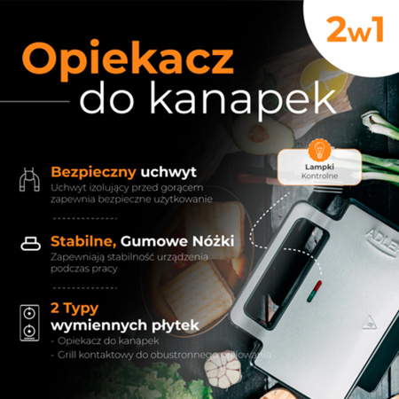 Opiekacz do kanapek i grill 2w1, 1400W, wymienne płyty nieprzywierające Adler AD 3073