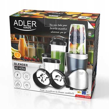 Blender do smoothie, 4 bidony, 2 ostrza, BPA free, ochrona silnika – Adler AD 4084