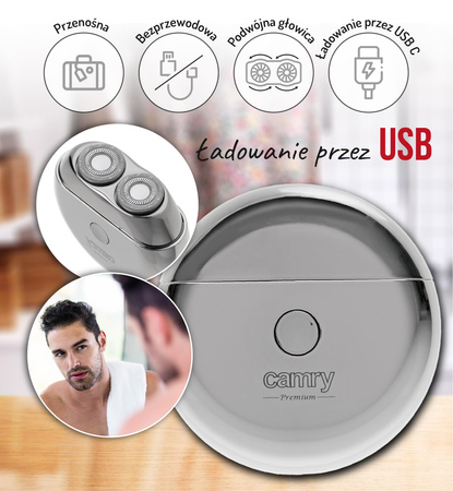 Golarka podróżna męska, bezprzewodowa, podwójna głowica, ładowanie USB C Camry CR 2938