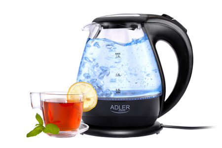 Czajnik elektryczny szklany 1,5L, 2200W, obrotowa podstawa, filtr – Adler AD 1224