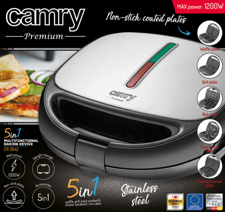 Wielofunkcyjny Opiekacz 5w1, Regulowany Termostat, Mocny Grzałka, Camry CR 3042