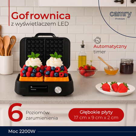 Gofrownica 2200W Timer Wyświetlacz LED 6 poziomów zarumienienia Głębokie płyty CAMRY CR 3086