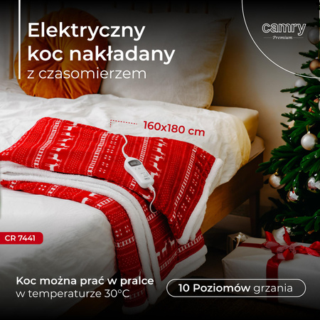 Koc elektryczny grzewczy 160x180 cm, 10 poziomów grzania, świąteczny wzór Camry CR 7441