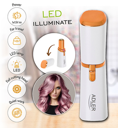 Trymer damski do twarzy, dyskretny, bezbolesna depilacja, lampka LED Adler AD 2939