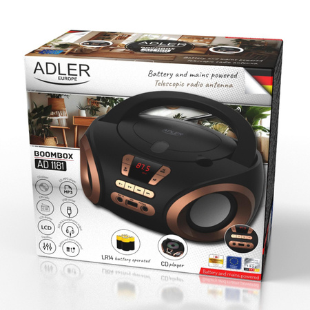 Radio boombox CD MP3, FM, USB, AUX, przenośny Adler AD 1181 BC
