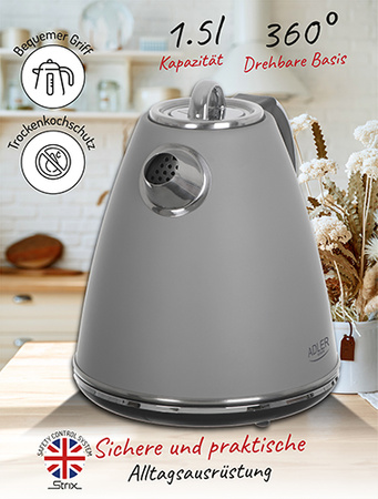 Czajnik elektryczny 1.5L, 2200W, stal nierdzewna, system Strix Adler AD 1343