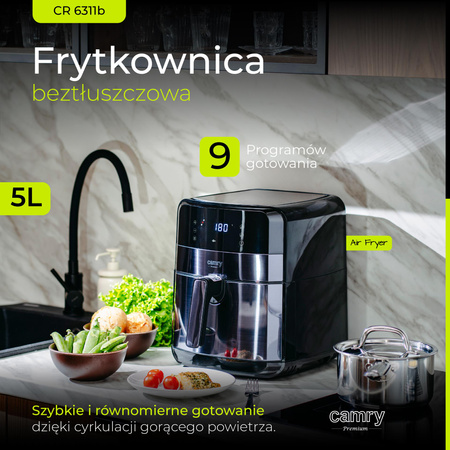 Frytkownica beztłuszczowa, piekarnik Air Fryer, 5L, LED, 2500W, programy, Camry CR 6311b
