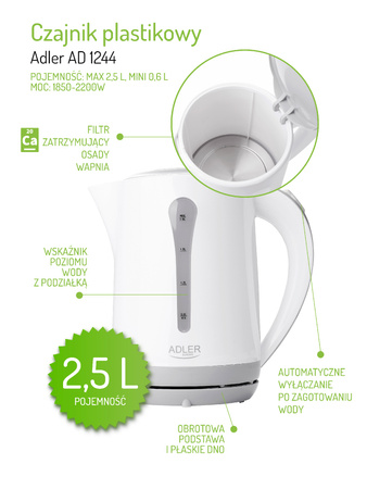 Czajnik elektryczny plastikowy 2,5L, 2200W, biały, obrotowa podstawa – Adler AD 1244