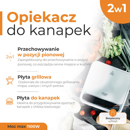 Profesjonalny Opiekacz do Kanapek 2 w 1 Biały Adler, Kompaktowy Rozmiar - AD 3070