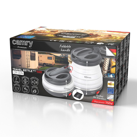 Czajnik turystyczny składany, silikonowy, 0,6 L, 750W, etui w zestawie, Camry CR 1374