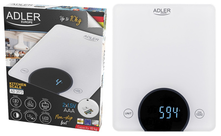 Waga kuchenna elektroniczna 10 kg, 1 g, wyświetlacz LED, hartowane szkło Adler AD 3173
