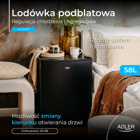 Lodówka podblatowa hotelowa pojemność 58L chłodziarka czarna Adler AD 8097b