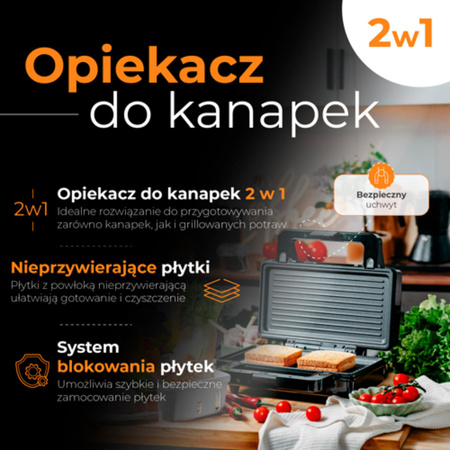 Opiekacz do kanapek i grill 2w1, 1400W, wymienne płyty nieprzywierające Adler AD 3073