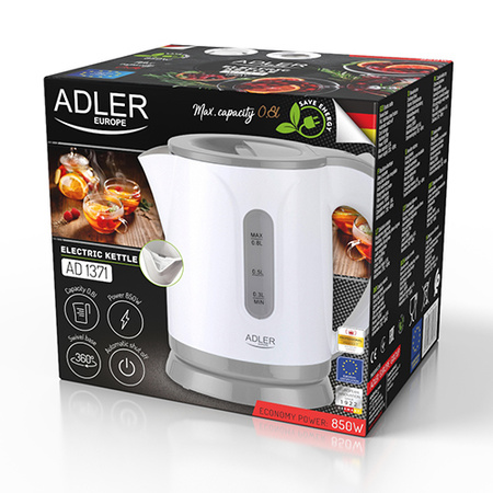 Czajnik elektryczny plastikowy, 0,8L, 850W, filtr, blokada, Adler AD 1371g