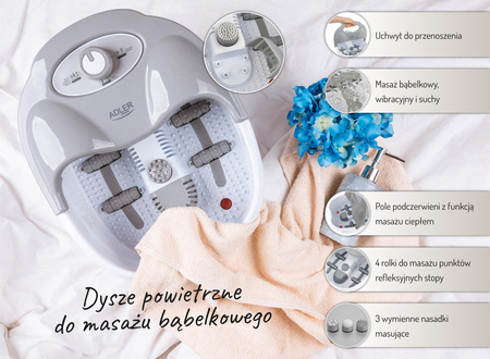 Masażer do stóp z funkcją podgrzewania, podczerwieni, 4 rolki, 3 nasadki Adler AD 2167