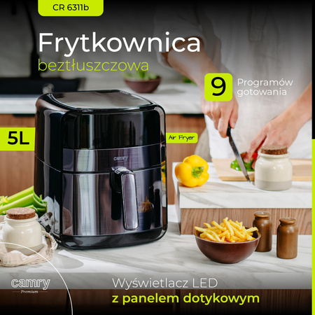 Frytkownica beztłuszczowa, piekarnik Air Fryer, 5L, LED, 2500W, programy, Camry CR 6311b