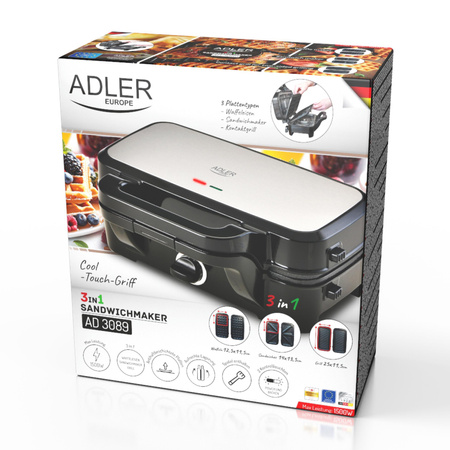 Opiekacz 3w1 z wymiennymi płytami, grill, gofrownica, toster Adler AD 3089
