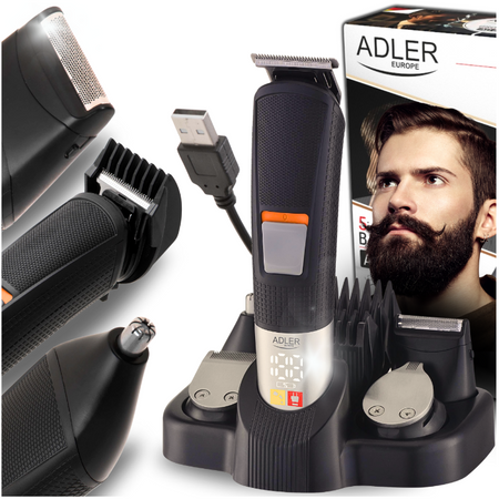 Zestaw do Pielęgnacji 5 w 1 z LED, Trymer z Podstawką Ładującą, Adler AD 2943