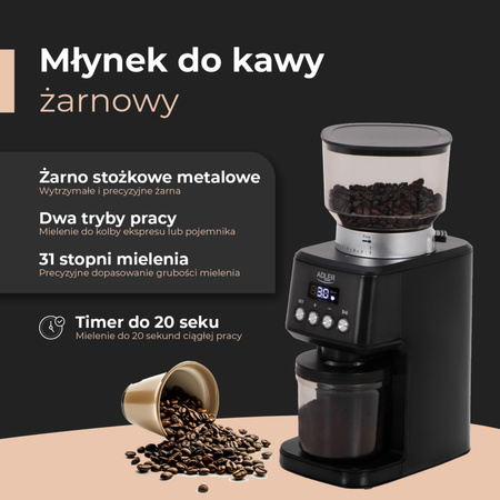 Młynek do kawy żarnowy, 31 ustawień mielenia, timer, 300g zbiornik – Adler AD 4300