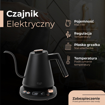 Czajnik elektryczny 1.0L, regulacja 40-100°C, podtrzymanie, LED Adler AD1349