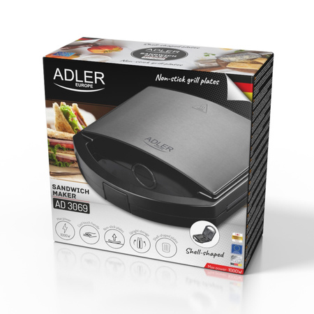 Opiekacz do kanapek 1000W, nieprzywierająca powłoka, do dwóch tostów XXL Adler AD 3069