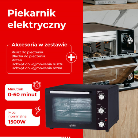 Piekarnik elektryczny 48L z rożnem, konwekcją i oświetleniem – Adler AD 6026