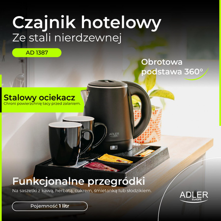 Czajnik elektryczny hotelowy – zestaw powitalny z tacą i 2 kubkami Adler AD1387