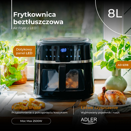 Frytkownica beztłuszczowa 8L, Air Fryer 2500W, 9 programów, dotyk LED Adler AD 6318