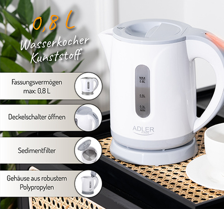 Czajnik elektryczny plastikowy, 0,8L, 850W, filtr, blokada, Adler AD 1371g