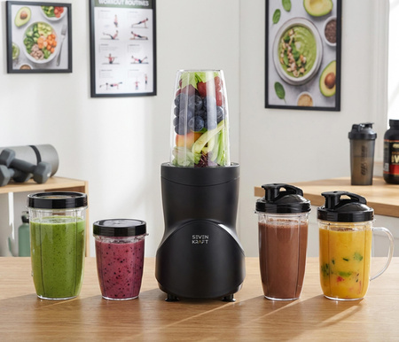 Blender personalny Tytanowe ostrza, 4 bidony, Kruszenie lodu 1200W SevenKraft SK 4090