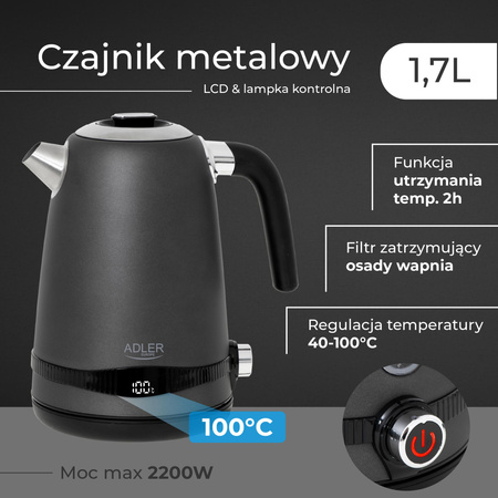 Czajnik elektryczny 1.7L, regulacja 40-100°C, LCD, podtrzymanie temperatury Adler AD1295