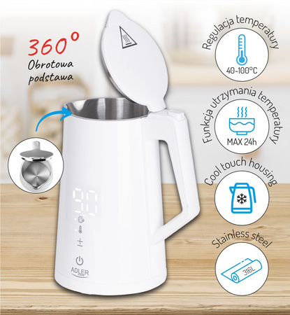 Czajnik Elektryczny LED z Regulacją Temperatury 1,7L, Metalowy, Producent: Adler, SKU: AD 1345